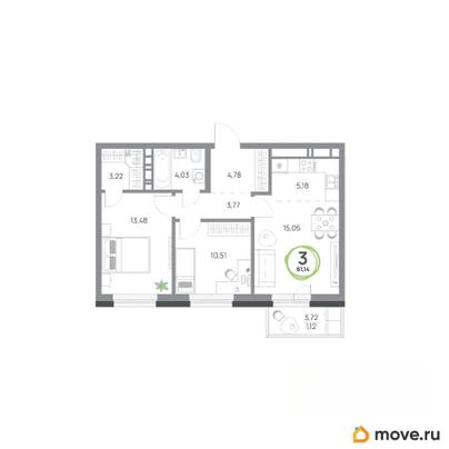 3-комн. квартира, 61.14 м&sup2;