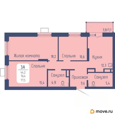 3-комн. квартира, 77.5 м&sup2;