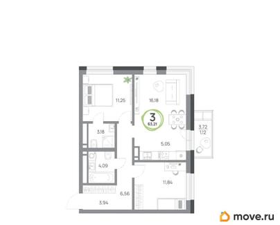 3-комн. квартира, 63.21 м&sup2;