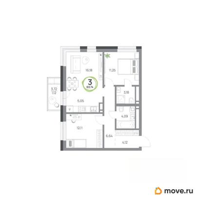 3-комн. квартира, 63.74 м&sup2;