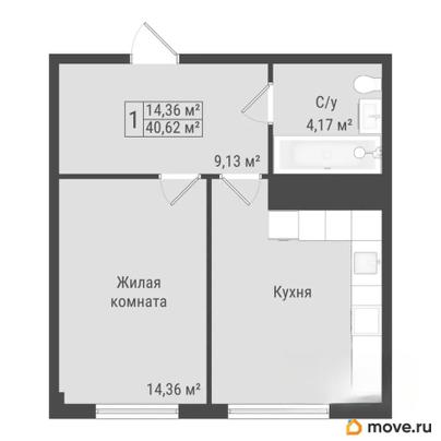 1-комн. квартира, 40.62 м&sup2;