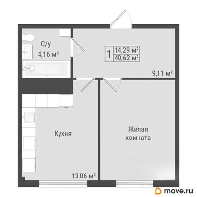 1-комн. квартира, 40.62 м&sup2;