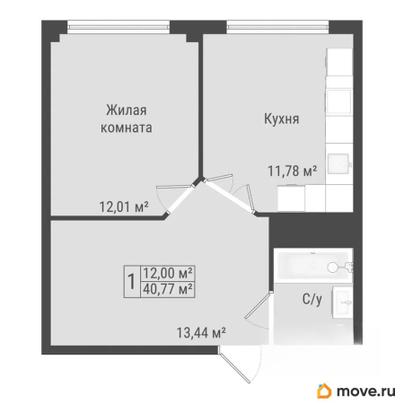 1-комн. квартира, 40.77 м&sup2;