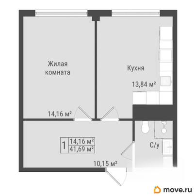 1-комн. квартира, 41.69 м&sup2;