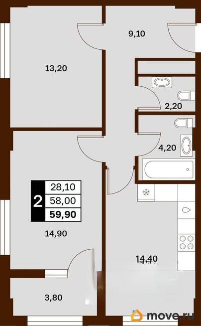 2-комн. квартира, 59.9 м&sup2;