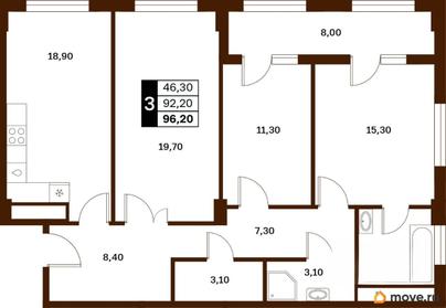 3-комн. квартира, 96.2 м&sup2;