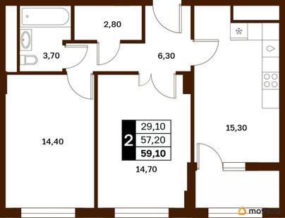 2-комн. квартира, 59.1 м&sup2;