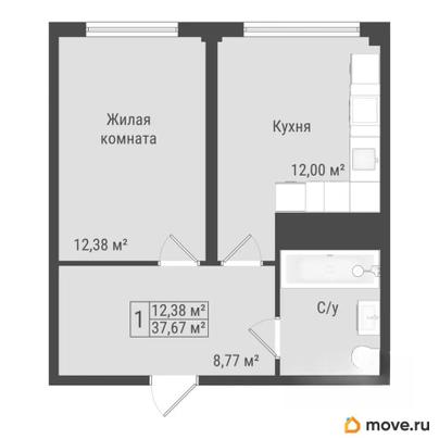 1-комн. квартира, 37.67 м&sup2;