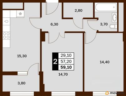 2-комн. квартира, 59.1 м&sup2;