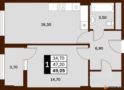 1-комн. квартира, 49.05 м&sup2;