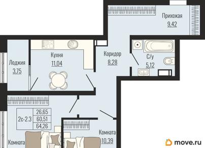 2-комн. квартира, 64.26 м&sup2;