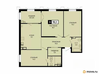 3-комн. квартира, 92.1 м&sup2;