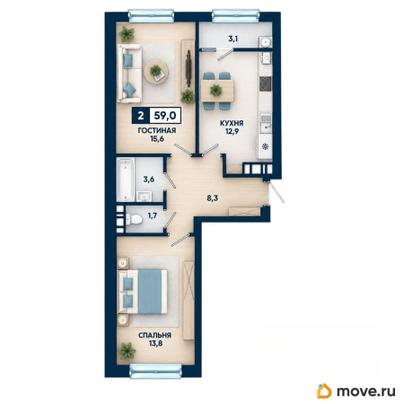 2-комн. квартира, 59 м&sup2;