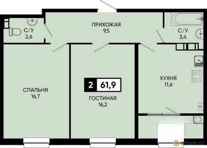 2-комн. квартира, 61.9 м&sup2;