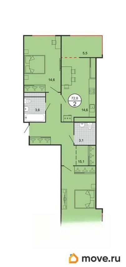 2-комн. квартира, 72.8 м&sup2;