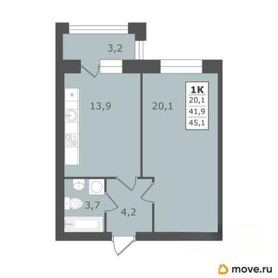 1-комн. квартира, 45.1 м&sup2;