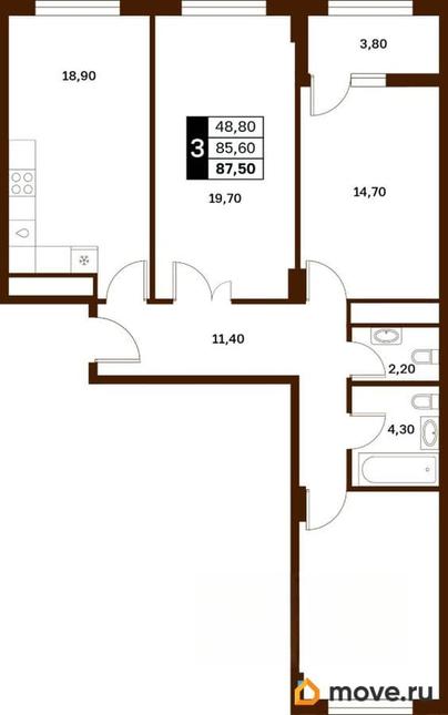 3-комн. квартира, 87.5 м&sup2;