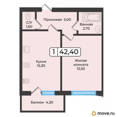 1-комн. квартира, 42.4 м&sup2;