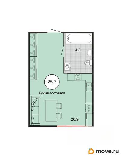1-комн. квартира, 25.7 м&sup2;