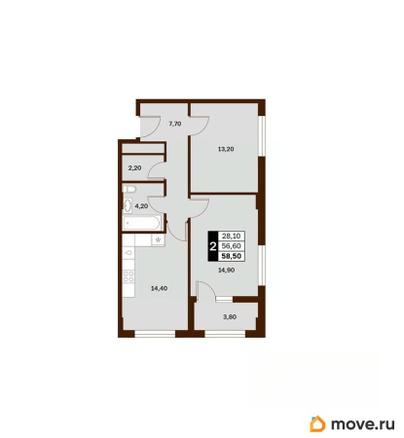 2-комн. квартира, 58.5 м&sup2;