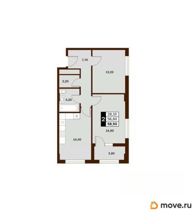 2-комн. квартира, 58.5 м&sup2;