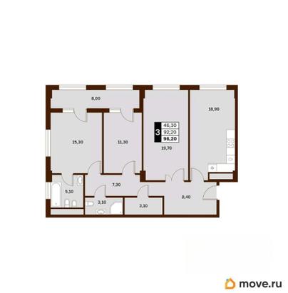 3-комн. квартира, 96.2 м&sup2;