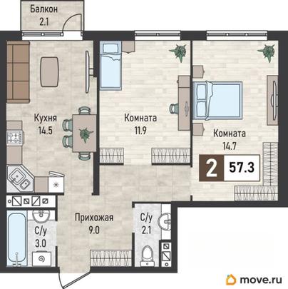 2-комн. квартира, 57.3 м&sup2;