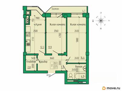 2-комн. квартира, 57.7 м&sup2;
