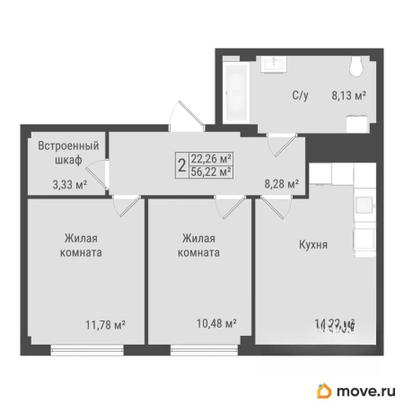 2-комн. квартира, 56.22 м&sup2;