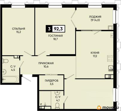 3-комн. квартира, 92.3 м&sup2;