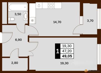 1-комн. квартира, 49.05 м&sup2;