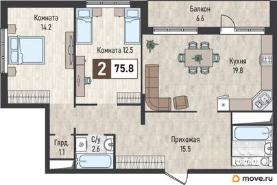 2-комн. квартира, 75.8 м&sup2;