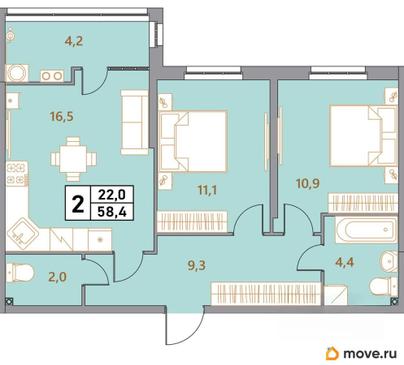 3-комн. квартира, 58.4 м&sup2;