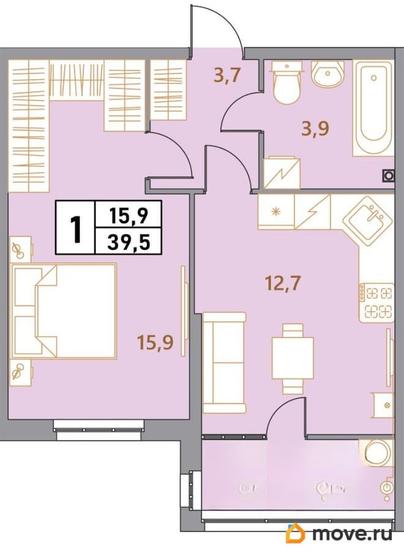 1-комн. квартира, 39.5 м&sup2;