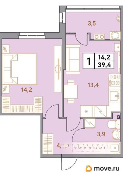 2-комн. квартира, 39.4 м&sup2;