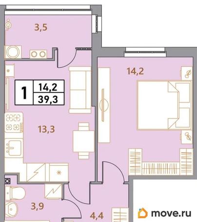 2-комн. квартира, 39.3 м&sup2;
