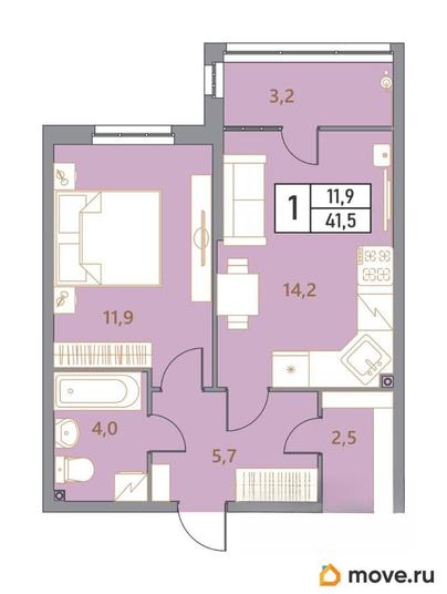 2-комн. квартира, 41.5 м&sup2;