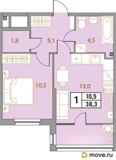 1-комн. квартира, 38.3 м&sup2;