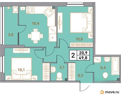 2-комн. квартира, 49.8 м&sup2;