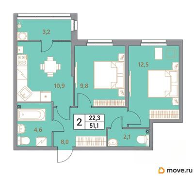 2-комн. квартира, 51.1 м&sup2;