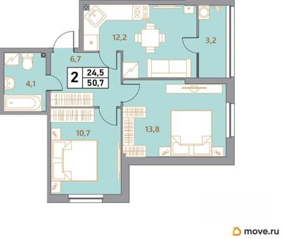 2-комн. квартира, 50.7 м&sup2;