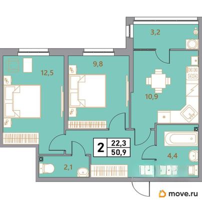 2-комн. квартира, 50.9 м&sup2;
