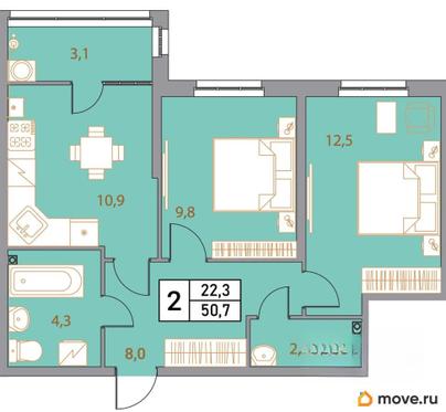 2-комн. квартира, 50.7 м&sup2;