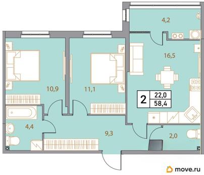 3-комн. квартира, 58.4 м&sup2;