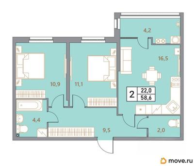 3-комн. квартира, 58.6 м&sup2;