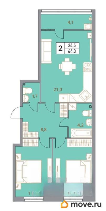 3-комн. квартира, 64.3 м&sup2;