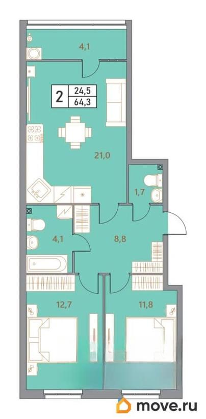 3-комн. квартира, 64.3 м&sup2;
