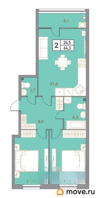 3-комн. квартира, 64.3 м&sup2;
