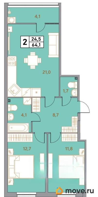3-комн. квартира, 64.1 м&sup2;