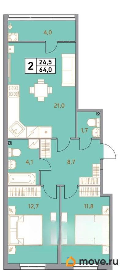 3-комн. квартира, 64 м&sup2;